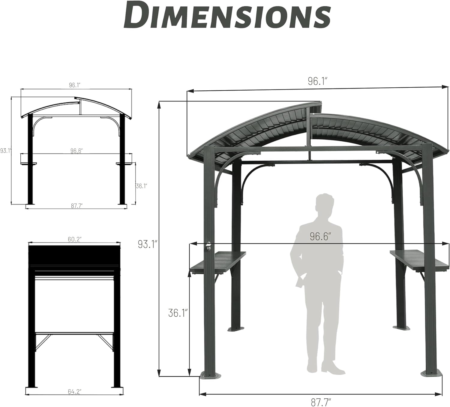 Domi Outdoor Living Hardtop Grill Gazebo 8x5FT, Grill Canopy for Outdoor Grill w/Double Galvanized Steel Roof and 2 Side Shelves, BBQ Gazebo Grill Tent for Patio Garden Backyard, Grey