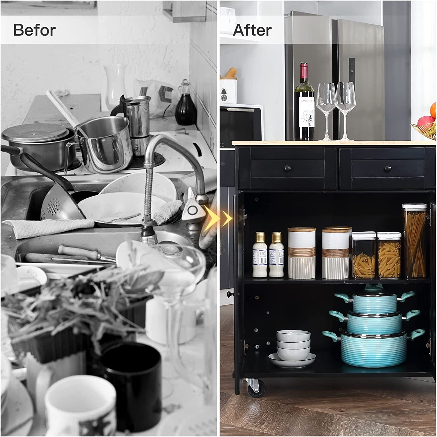 Homrest Kitchen Cart Rolling Mobile Island with Wooden Countertop, Adjustable Shelves and Drawers, Black