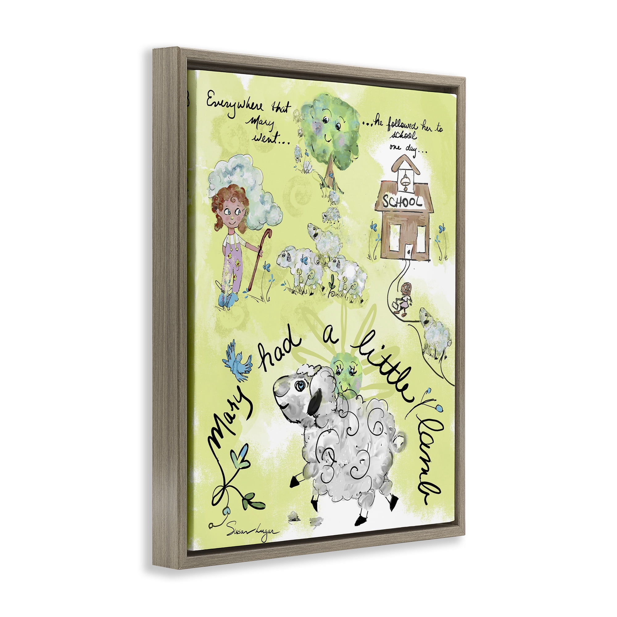 Stupell Industries Little Lamb Nursery Rhyme Brown Framed Floater Canvas Wall Art, design by Susan Lugar