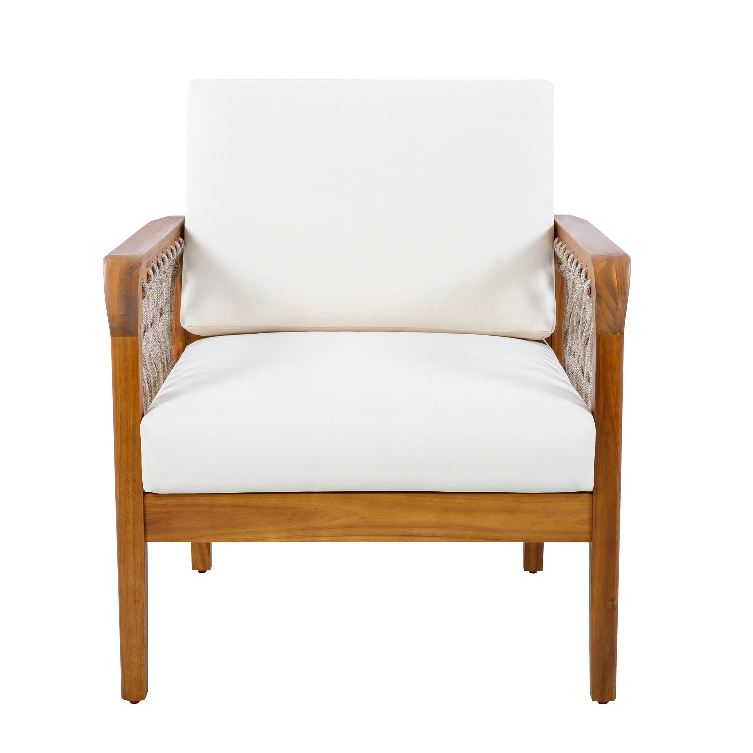 Club Chair, Outdoor Acacia Wood Chair with Handwoven Rope for Patio Garden, Teak and Cream
