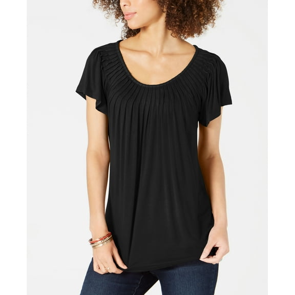 Style & Co Pleated-Neck Flutter-Sleeve Top Deep Black S