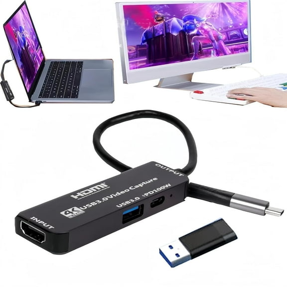 4K HDMI video capture card (with USB 3.0 interface and 100W PD fast charging), HDMI to USB/USB-C interface, supports 4K@60Hz input and 1080P output, suitable for high-definition live streaming, video