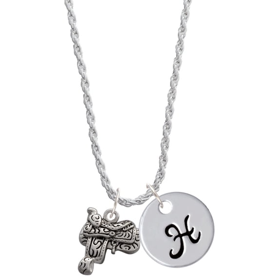 Delight Jewelry Silvertone Saddle Silvertone Script Initial Disc - H - Charm Necklace, 20"+3"