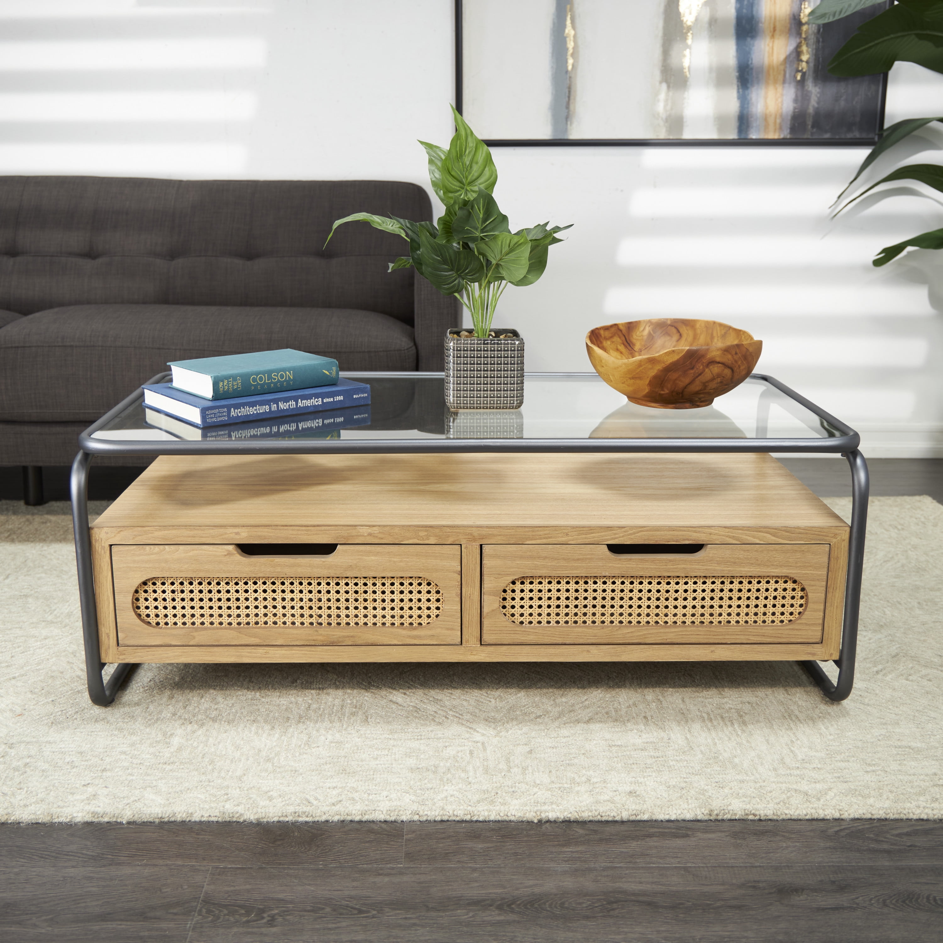 DecMode 47" x 18" Brown Wooden 1 Shelf Coffee Table with 2 Cane Front Drawers and Gray Metal Frame, 1-Piece