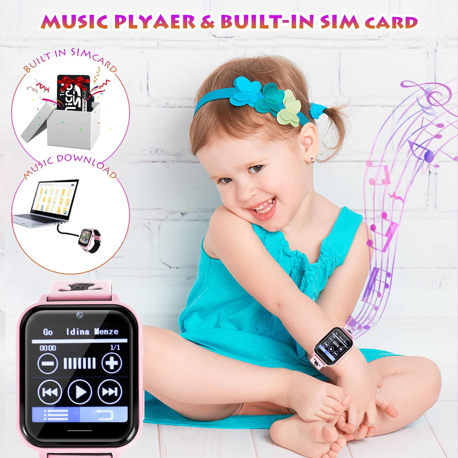 SHANNA Kids Smart Watch 10 Games + Cellular 1.54mm Pink Aluminum Case with Pink Silicone Band