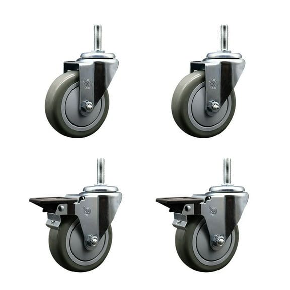4 Inch Gray Poly Wheel Swivel 5/8 Inch Threaded Stem Caster Set 2 Brakes