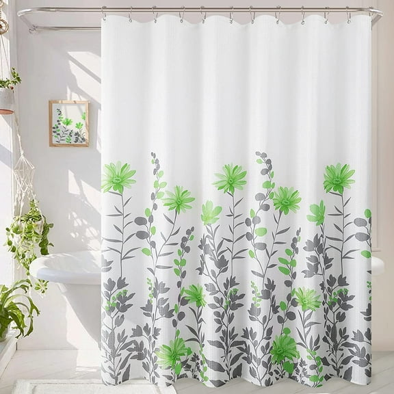 Floral Green Shower Curtain Set Flowers White Grey Gray Shower Curtains with 12 Hooks Botanical Waffle Weave Fabric Shower Curtain Bathroom Hotel Washable Water Repellent 72x72 Inch