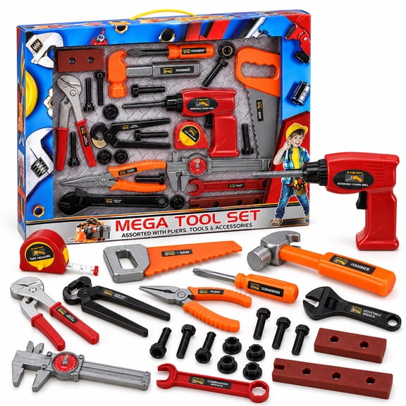26-Piece Kids Pretend Play Tool Set with Toy Drill, Hammer, Saw, Pliers, Screwdriver, Wrench, Nuts & Bolts, Ages 3