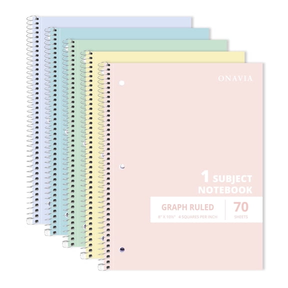 ONAVIA Spiral Notebook, 1-Subject Grid Notebook, 4x4 Graph Ruled, 5 Pack, 8" x 10.5", Cardboard Back, 3 Hole Punched for Math, Science & Engineering, 70 Sheets, Assorted Colors
