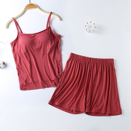 Chbgutlmr Summer Pajama Set for Women Built in Bra Spaghetti Strap Tank Elastic Waist Shorts Casual Fitted Comfy Lounge Sets