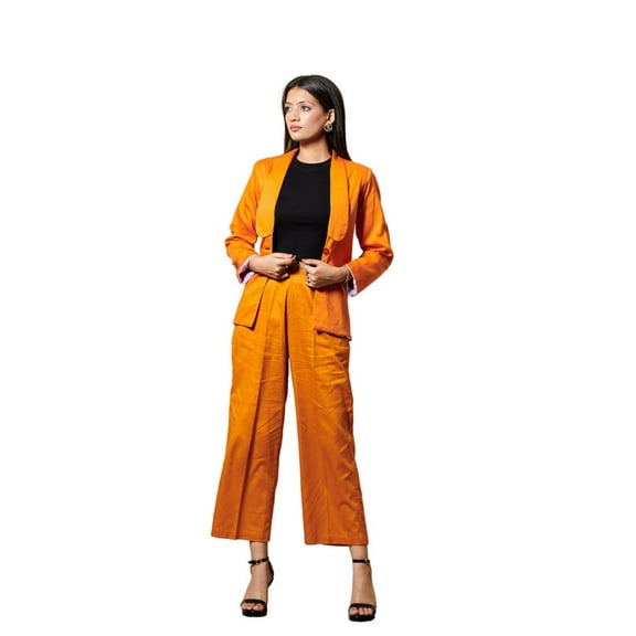 Women's Bold Orange Blazer and Trousers Set - Tailored Fit for a Striking Look