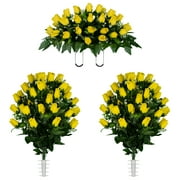 Sympathy Silks Artificial Cemetery Flowers Yellow Rose Buds Two Bouquets & Saddle
