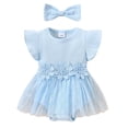 thumbnail image 2 of Infant Ribbed Romper Dress with Skirt 3D Floral Waist Detail Short Flutter Sleeves Cute Summer Outfit Blue 6-9 Months, 2 of 8