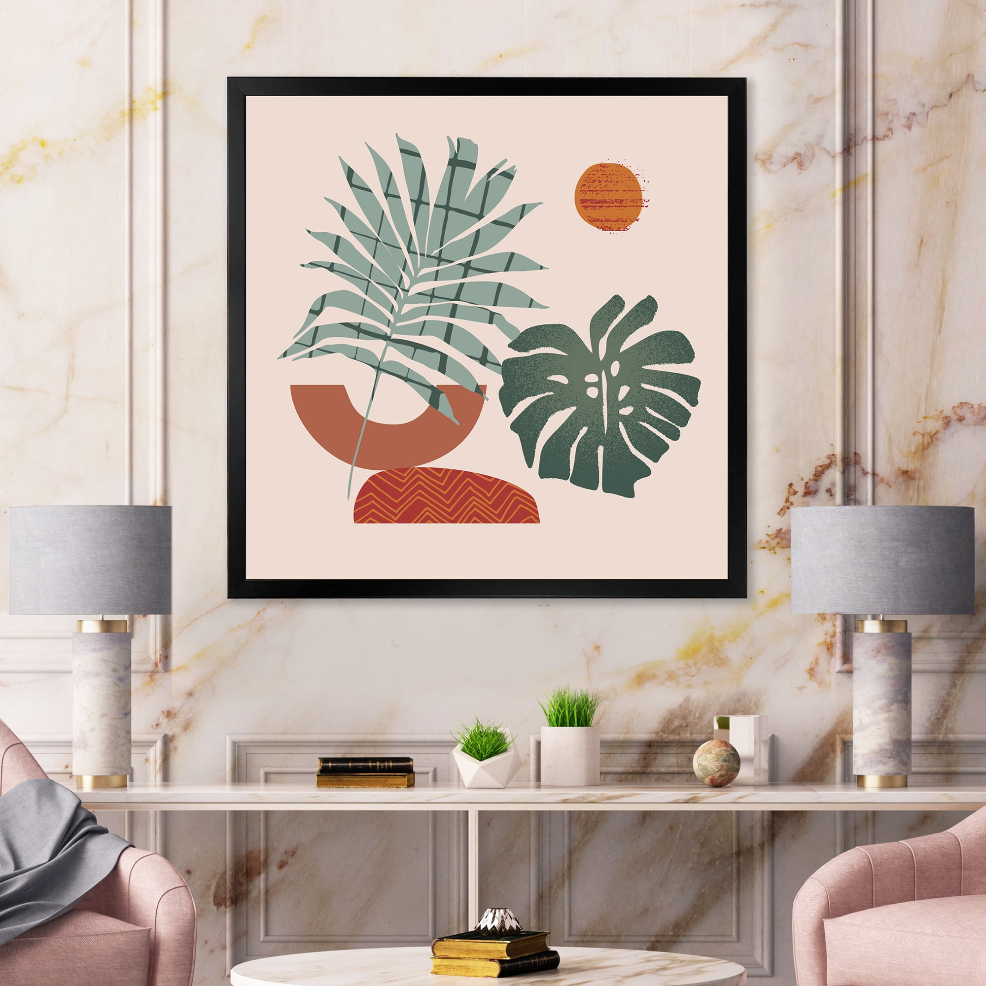Designart 'Sun and Moon Shapes In Retro Green & Terracotta Tone' Modern Framed Art Print
