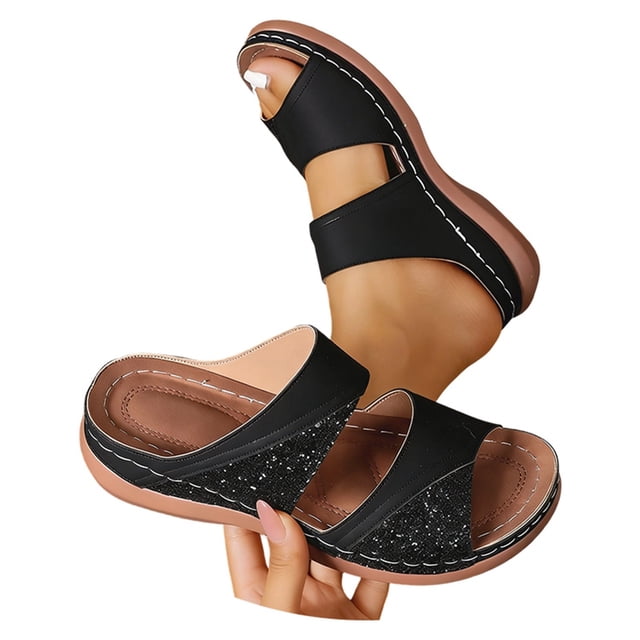 Platform Sandals with Rhinestone Casual Slip on Summer Beach Slide Shoes Comfortable Heel Open Toe Adjustable Strap