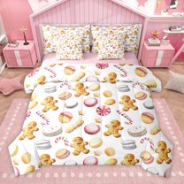 Homewish Macaron Candy Cane 7-Piece Bedding Comforter Set,Sweet Christmas Dessert King Bedding Sets,Cute Cartoon Gingerbread Man Bed Sheets For Boys Girls,Microfiber Bedroom Decor Reversible
