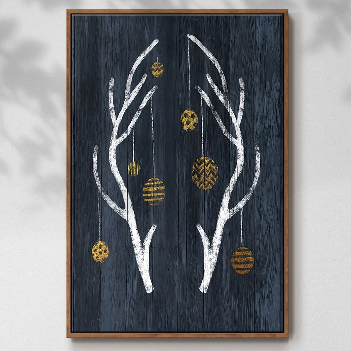 Antlers & Ornaments - Framed Gallery Wrapped Holiday Canvas - 27 x 41 - Rosewood Frame