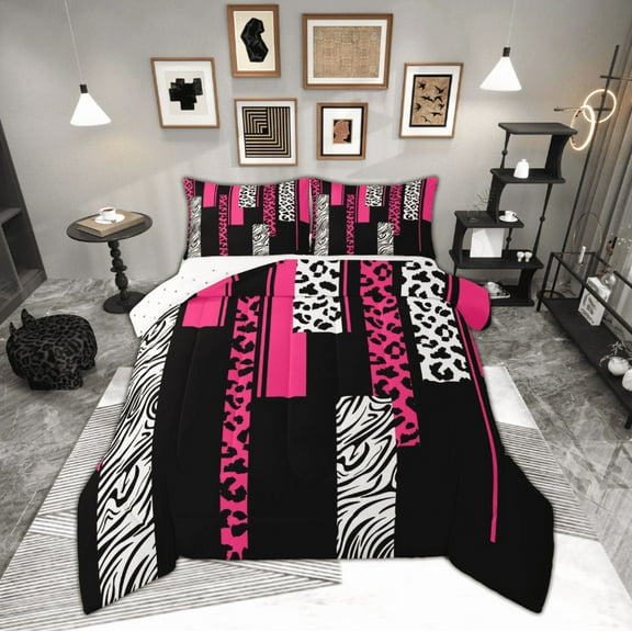 Manfei Chic Leopard Print Bedding Comforter Set for Female, Cheetah Zebra Animal Twin Comforter Sets, Black Pink Geometric Reversible Bedding Set, Super Cozy Room Decor, 2-Piece