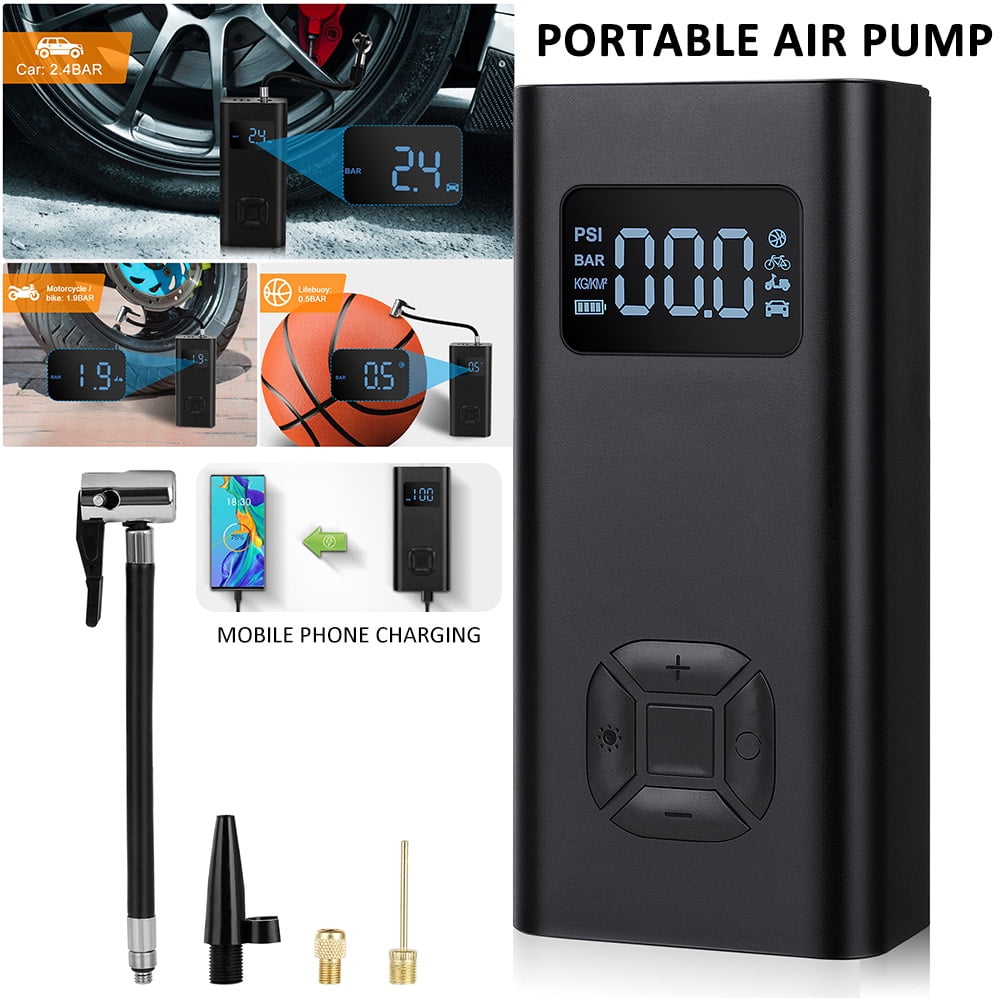 Automatic Portable Air Compressor Pump Digital Handheld Rechargeable Emergency Cordless Car Tyre Inflator for Bicycles Tires Basketballs Black Detachable Battery Fast Charging 