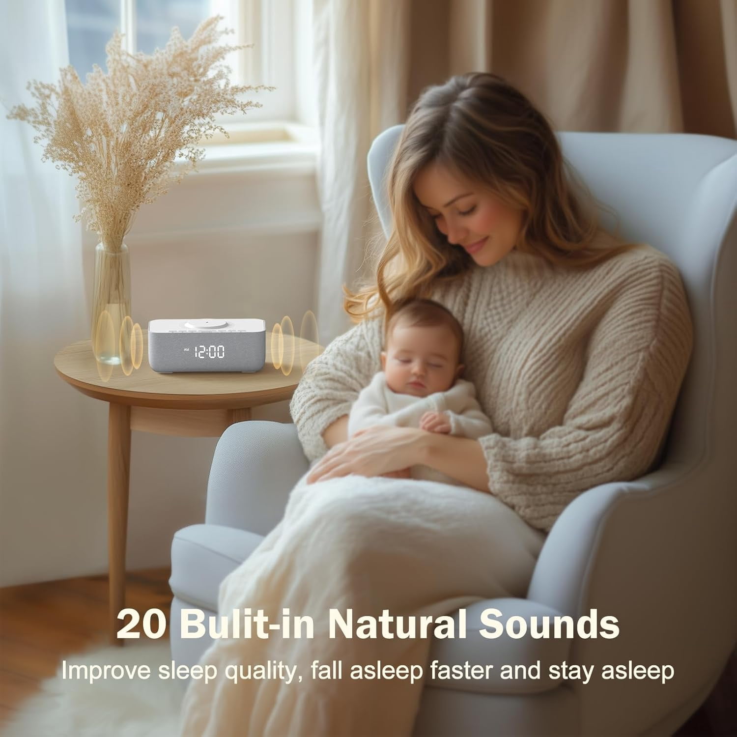 15W Fast Wireless Charging Alarm Clock with White Noise  for Bedroom & Office