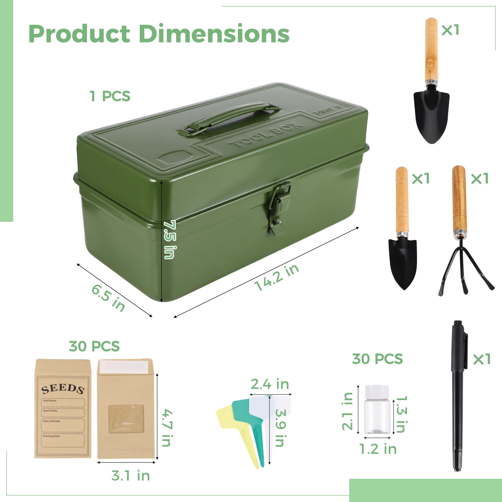 Metal Seed Storage Organizer Set with 30 Bottles, 30 Bags & 30 Labels, Plus 3 Tools & 1 Marker – Portable Seed Saving Box for Gardeners, Home Gardening, Planting Season, Green