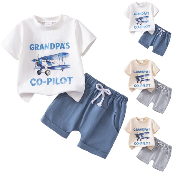 Nwiuh Toddler Baby Boy Summer Clothes Short Sleeve Airplane Print Shirt and Elastic Waist Shorts Sets Summer Outfit 2Pcs White for Size 2-3 Years