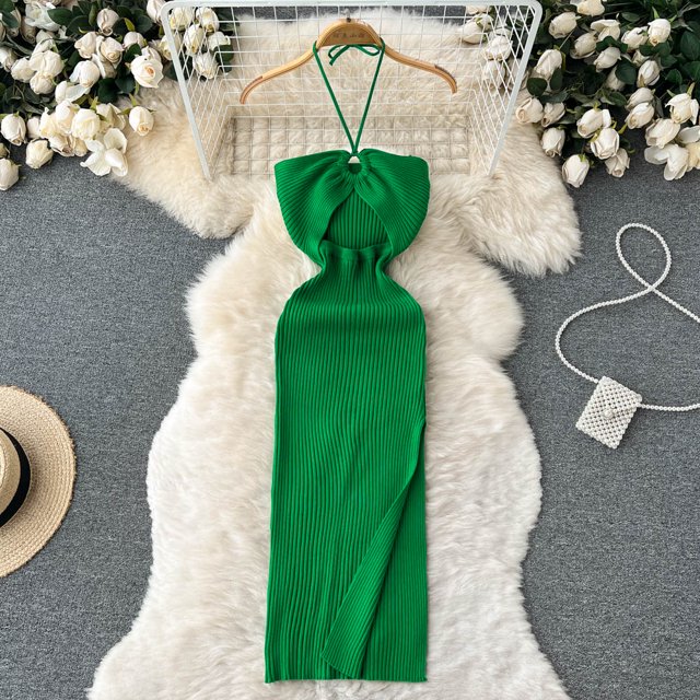 YuooMuoo Chic Mode Aguichant Robe d'Été Fendue Tricotée Élastique Moulante Robe de Soirée Mode Urbaine
