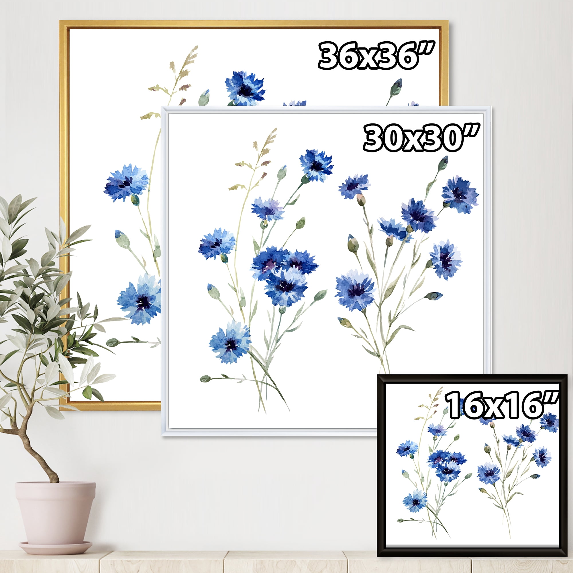 Designart 'Blue Cornflowers With Green Leaves On White III' Traditional Framed Canvas Wall Art Print