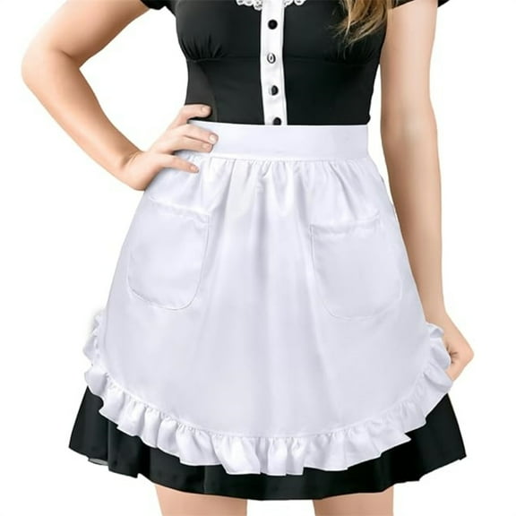 Scheam 1 Pcs White Apron for Women,Waist Apron with 2 Pockets,Waitress Half Apron,Cute Ruffle Apron with Long Ties,for Home Kitchen Cooking Cosplay