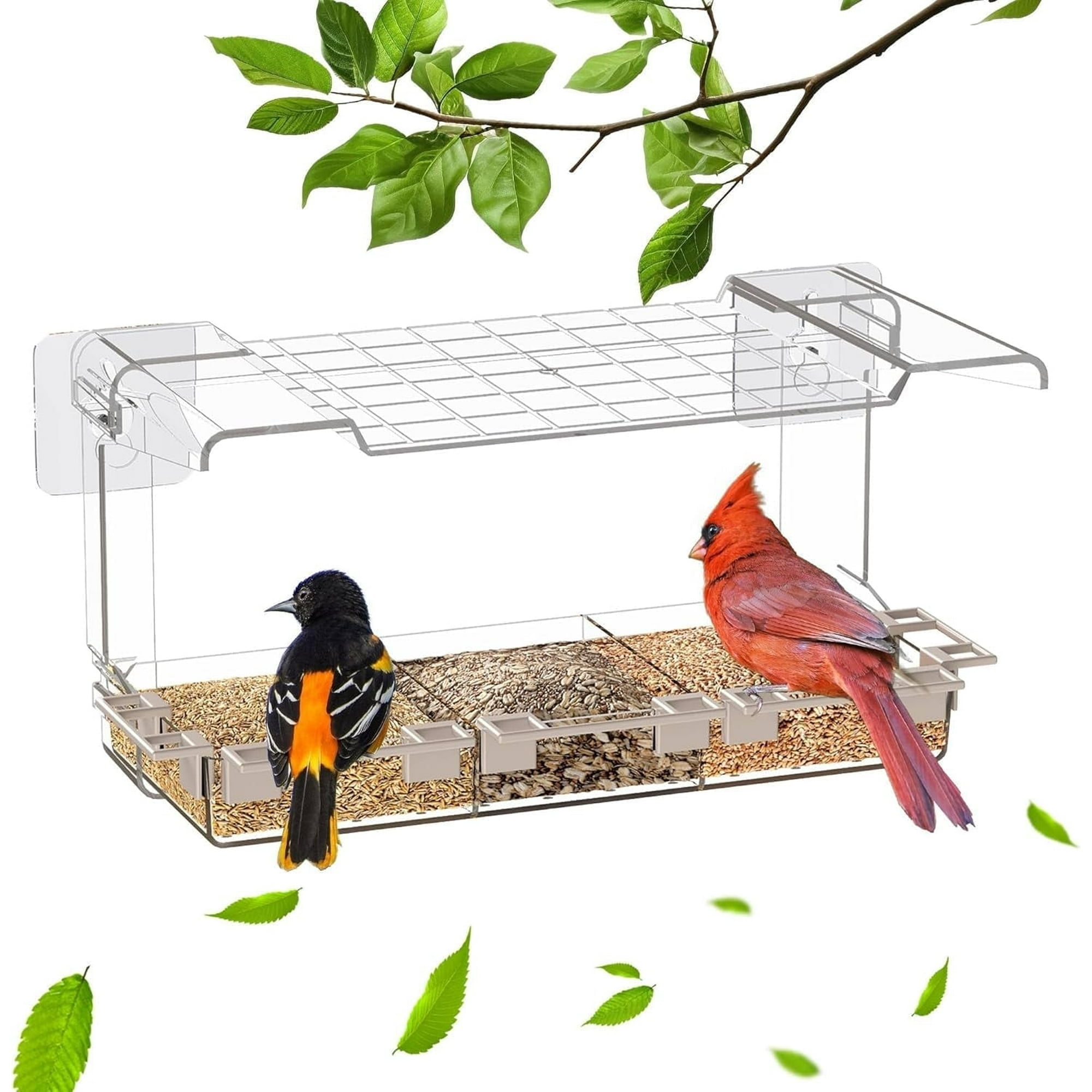 Window Bird Feeder with 3 Section Tray and Roof Cover, Weatherproof Outdoor Suction Cup Hanger Acrylic Plastic Bird Feeder , Clear