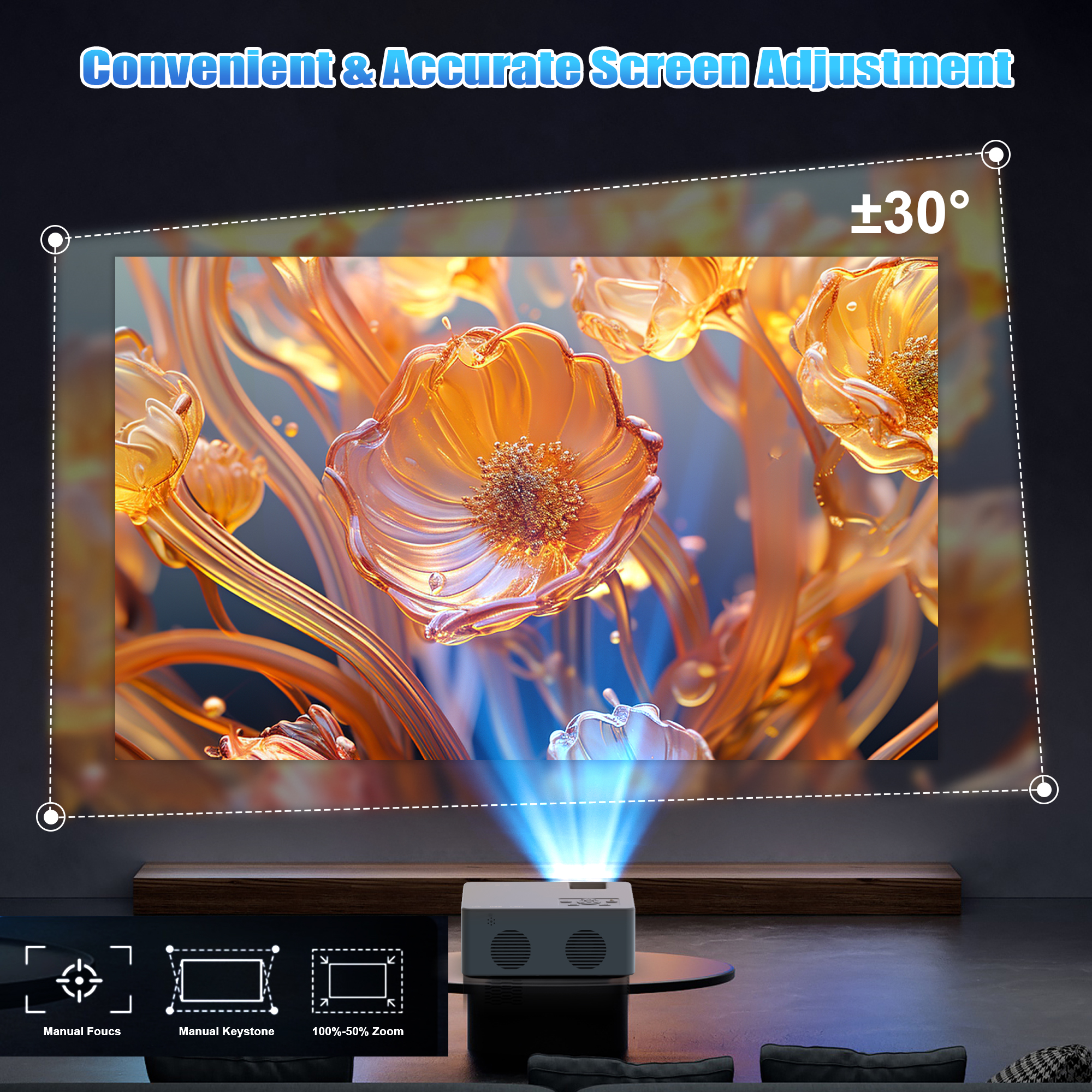 GCZ Mini Projector, Projector with WiFi and Bluetooth, 1080P Full HD Support, Compatible with TV Stick/Phone/HDMI