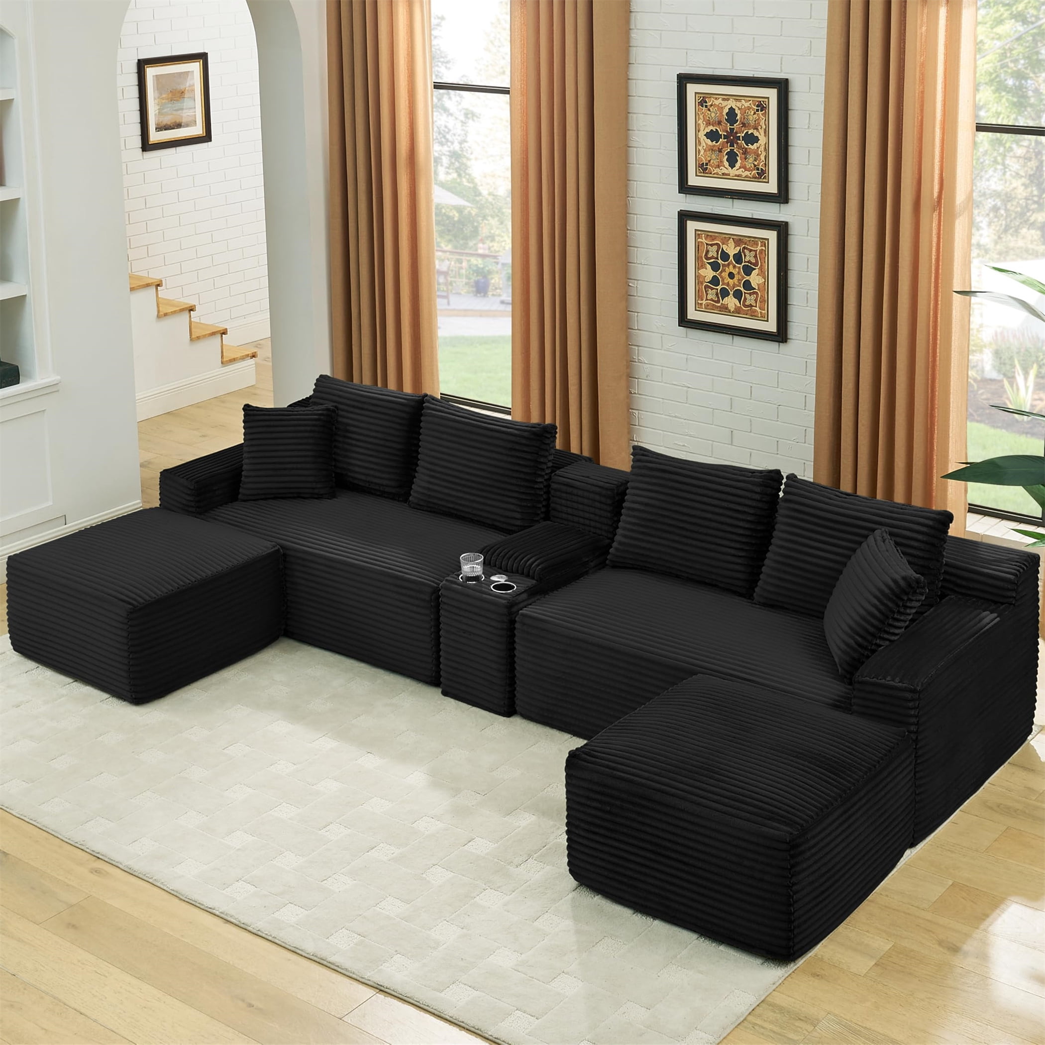 Aukfa 127" U Shaped Cloud Sectional Sofa Modular Boneless Couch with USB&Cupholdes Storage Console for Living Room, Corduroy, Black