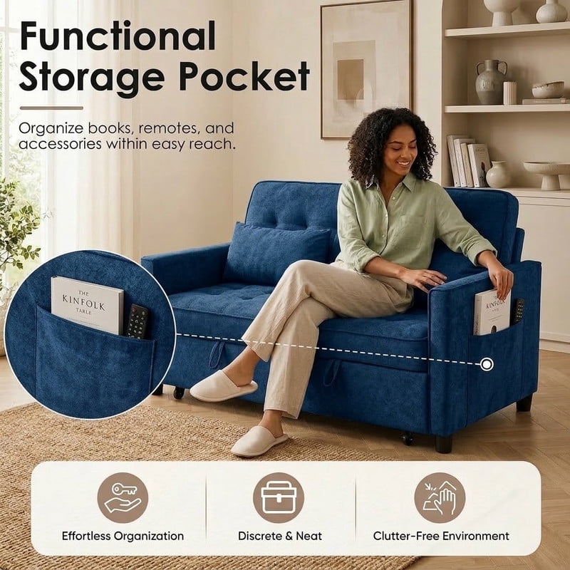 3-in-1 Convertible Sofa Bed with USB Charging Ports, Pull-Out Sleeper Sofa with Adjustable Backrest and Side Pocket, Compact Loveseat Couch for Living Room, Apartment, Dorm