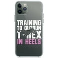 thumbnail image 1 of DistinctInk Clear Shockproof Hybrid Case for iPhone 13 Pro MAX (6.7" Screen) - TPU Bumper Acrylic Back Tempered Glass Screen Protector - Training to Outrun T-Rex in Heels, 1 of 2