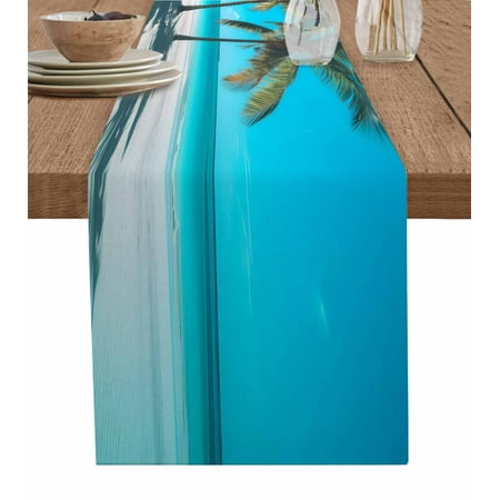 

Table Runner Summer Blue Beach Palm Trees Sad Sea Horizon Sky Table Runners Dresser Scarves Holiday Kitchen Dining Table Decoration for Home Party Indoor 13x120 Inch