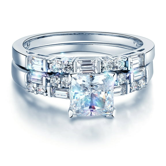 Wellingsale Ladies Solid 14k White Gold Polished CZ Cubic Zirconia Princess Cut Engagement Ring and Wedding Band Bridal Set - Size 4
