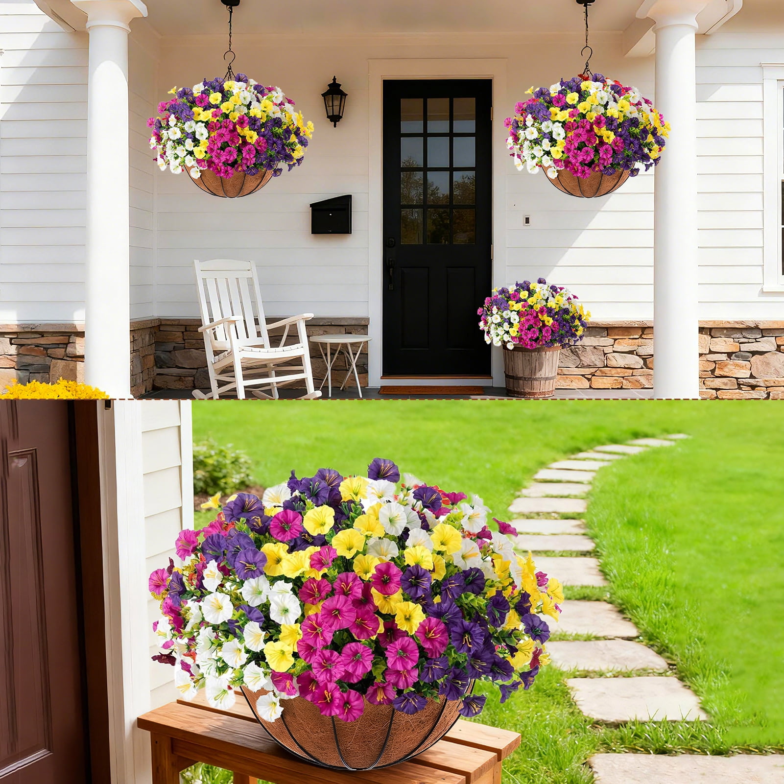 Lumkrypt Artificial Faux Flowers Hanging Basket for Outdoor, 12 Pcs Silk Morning Glory with Eucalyptus,UV & Fade Resistant for Porch Patio Balcony Garden Yard Home Decor