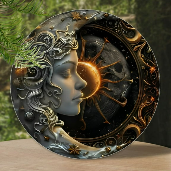 1pc, 2D Round Flat Aluminum Sign (8 x 8 Inches), Decoration with Sun-Moon Motif for Office, Room, Front Door, Wall Decoration, Halloween Gifts, Christmas Gifts