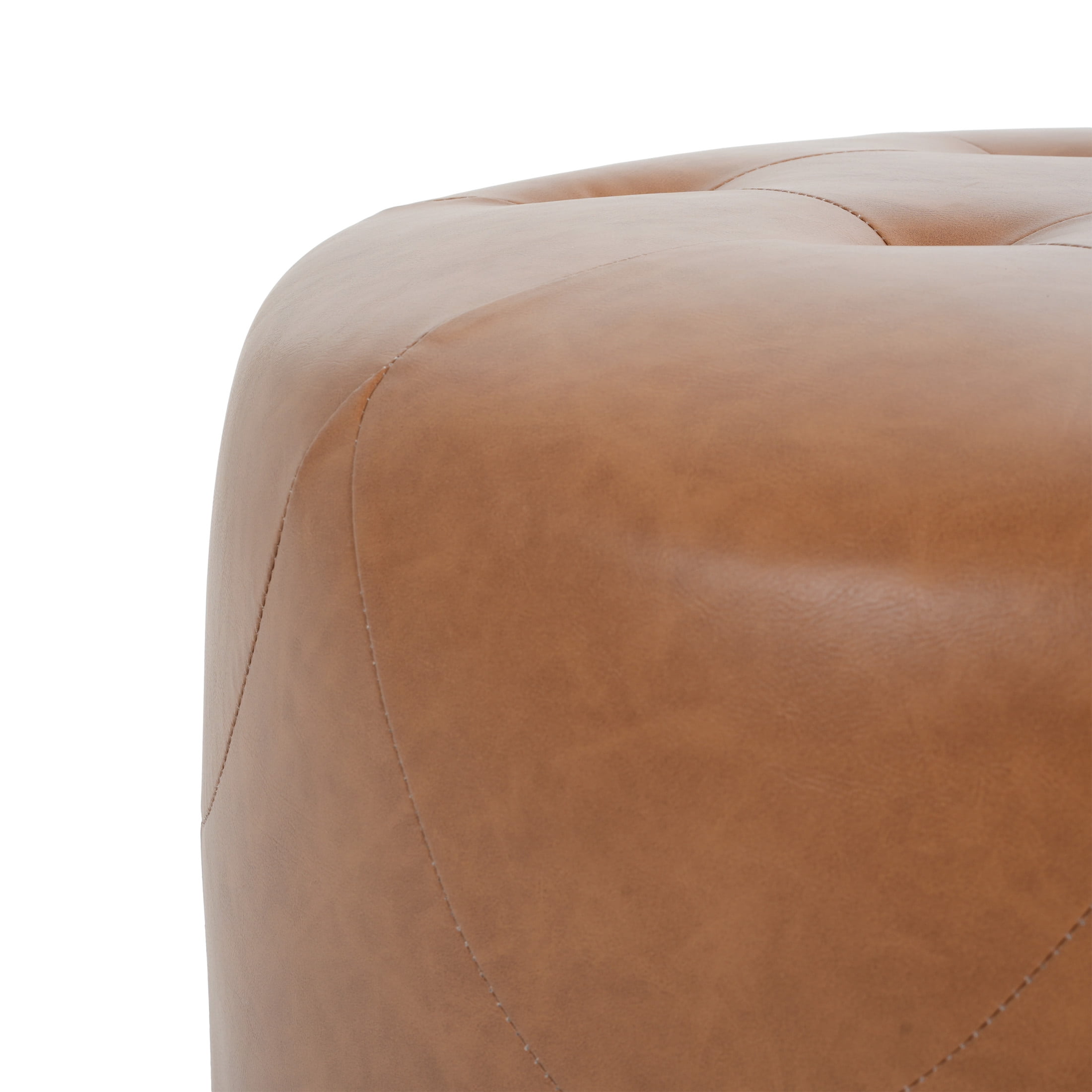 Christopher Knight Home Small Round Ottoman, Orange Brown PU Leather Button Tufted Footstool, Birch Wood Legs