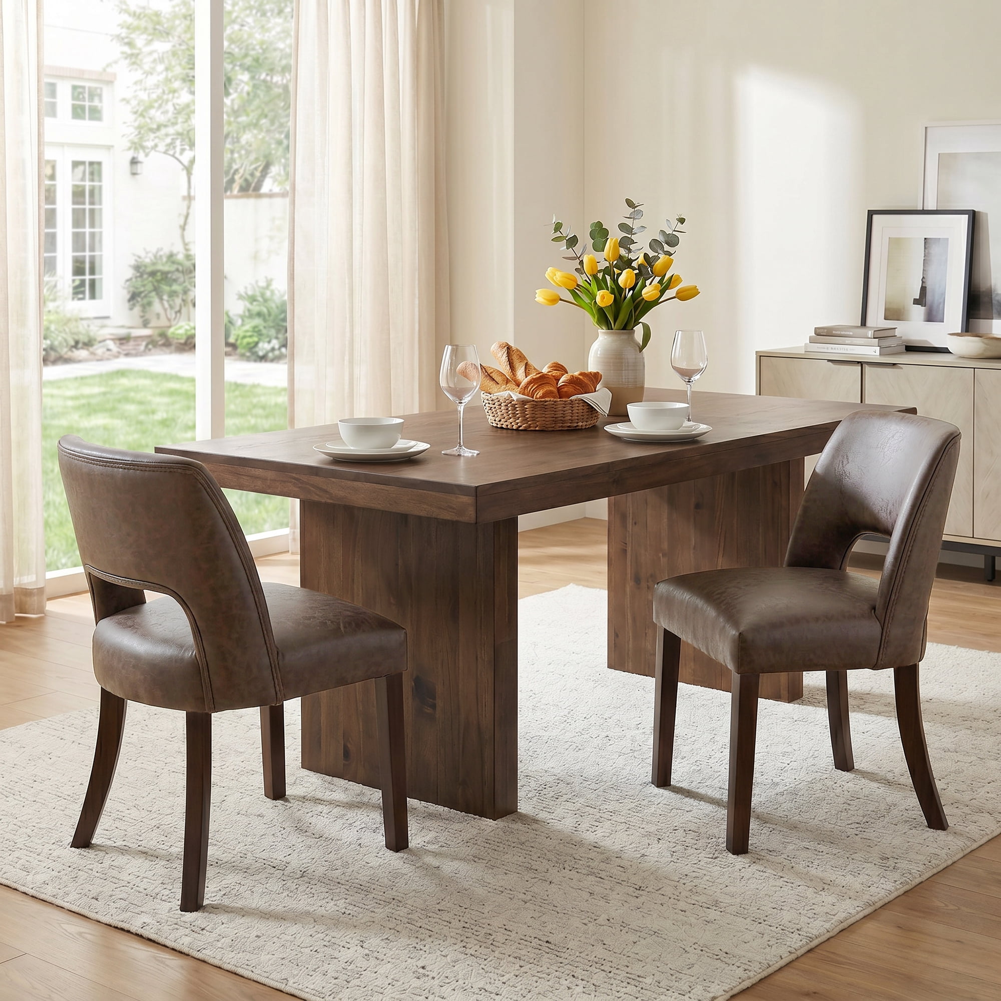 VKNOW Faux Leather 20.7" W Upholstered Dining Chairs Set of 4, Thick Foam Cushion Kitchen & Dining Room Chairs with Solid Wood Legs, Dark Brown