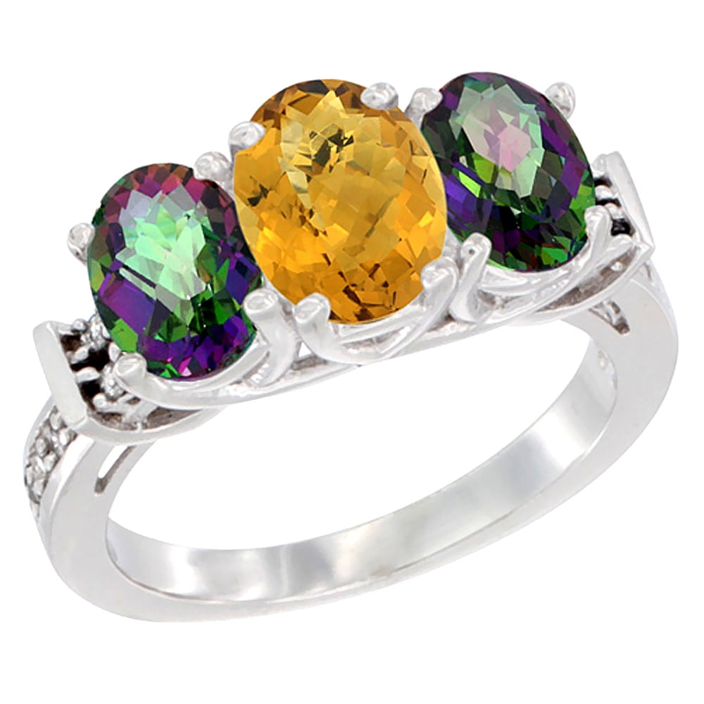 10K White Gold Natural Whisky Quartz & Mystic Topaz Sides Ring 3-Stone Oval Diamond Accent, sizes 5 10 by WorldJewels