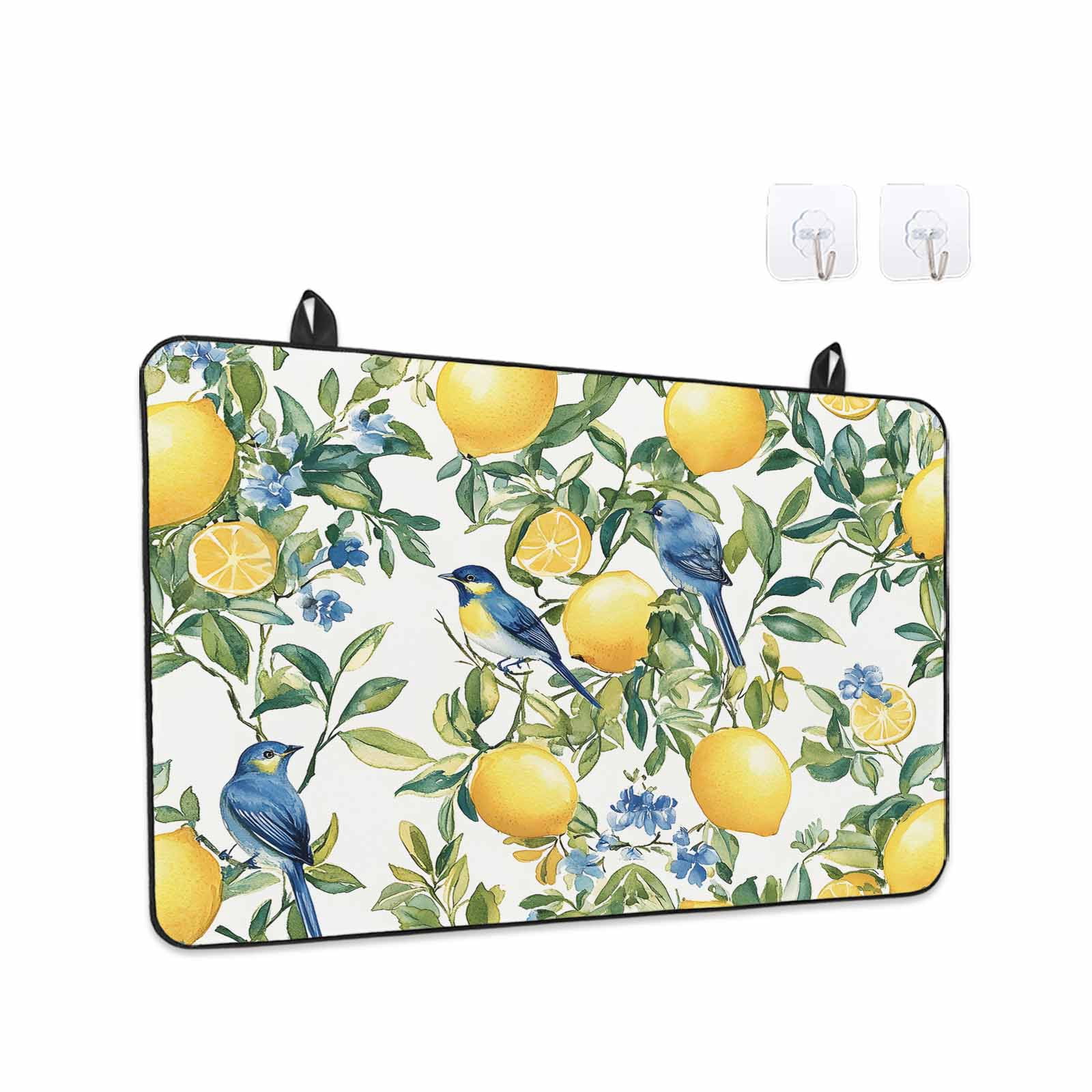 Botanical Lemon Stove Top Cover for Electric Stove, Heat-proof & Non Slip Glass Top Stove Cover Protector, Watercolor Blue Birds Green Leaves Kitchen Flat Cooktop Rubber Mat 24x21 Inches