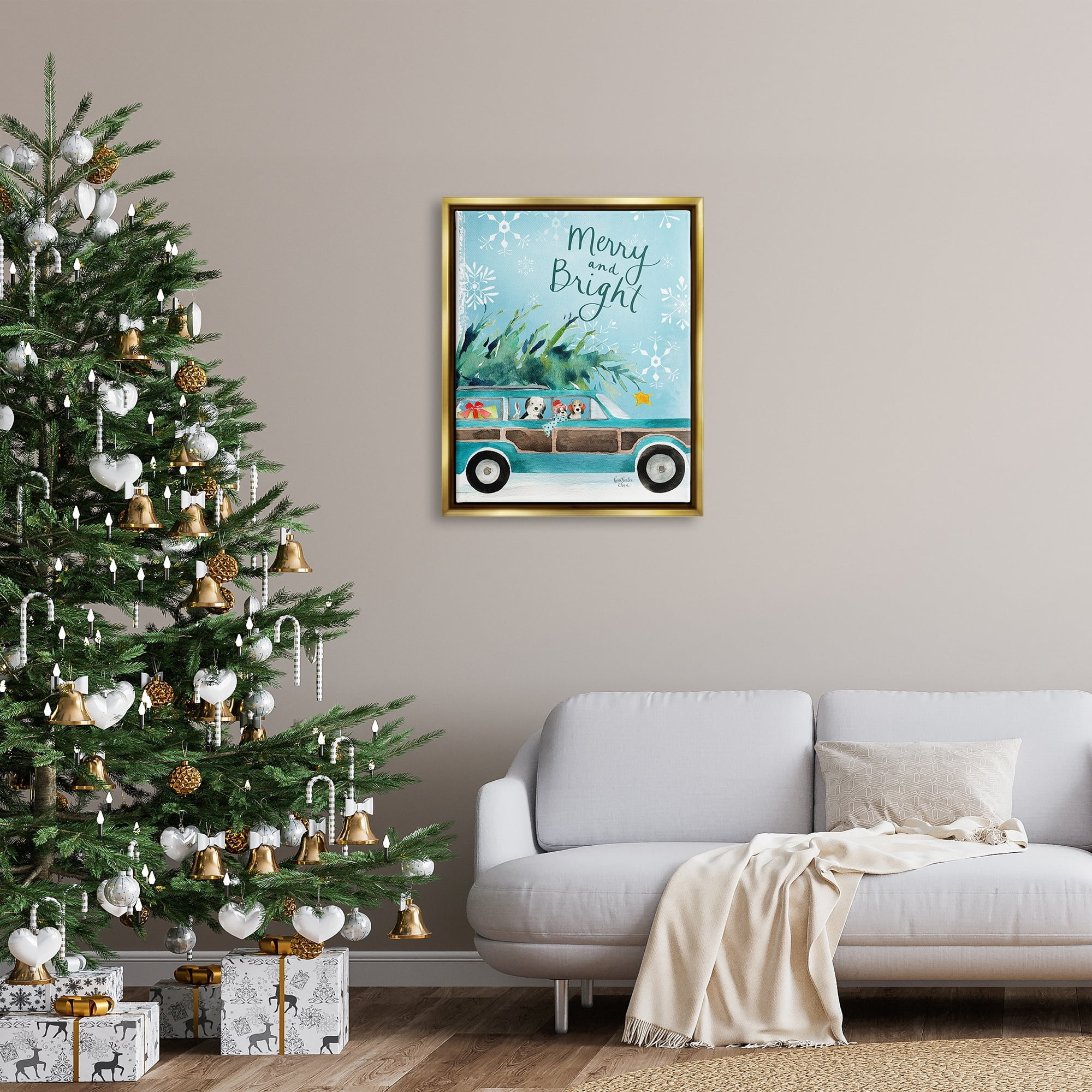 Stupell Industries Merry & Bright Christmas Scene Holiday Puppies Graphic Art Metallic Gold Floating Framed Canvas Print Wall Art, Design by Heatherlee Chan