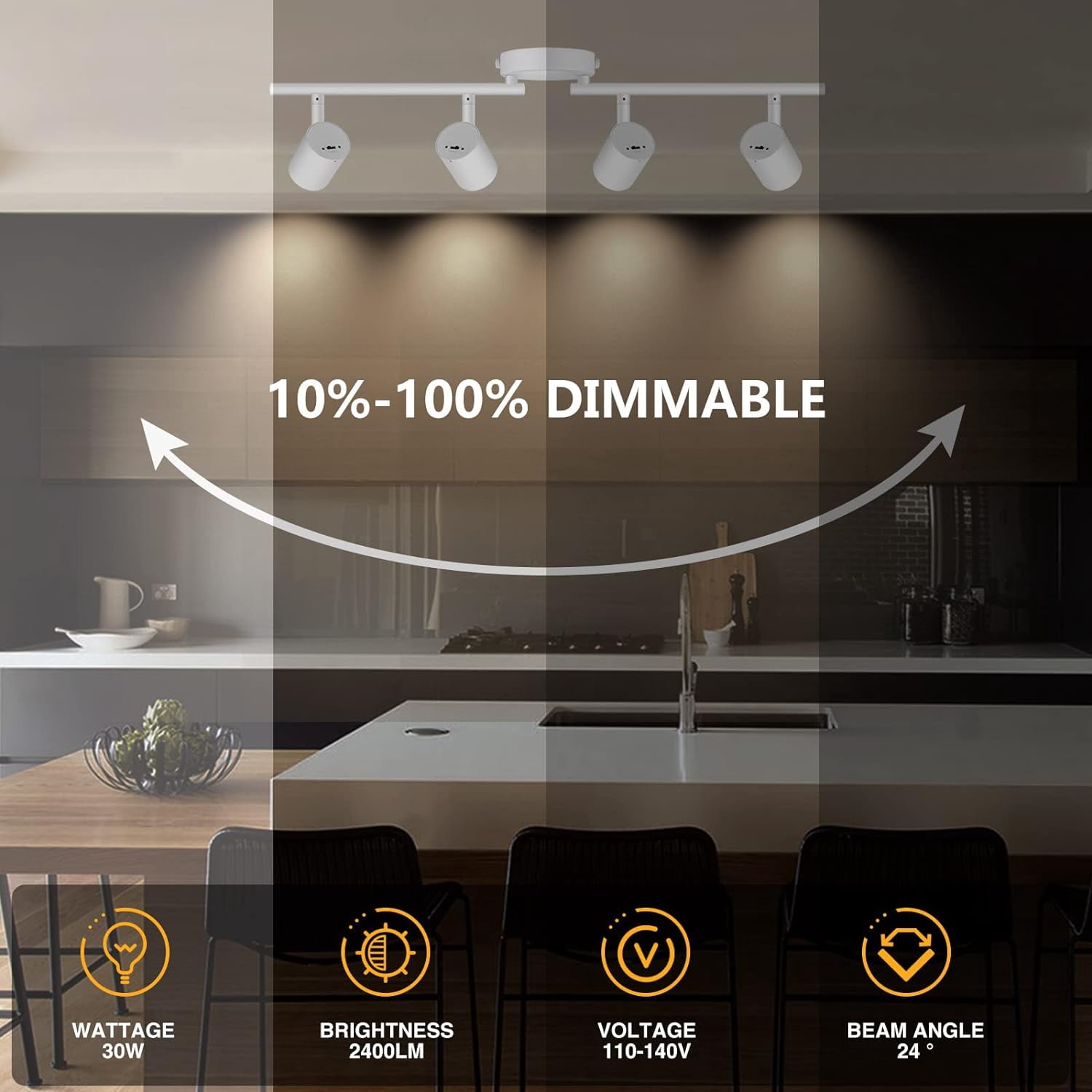 VANoopee 5-Color 4 Light LED Track Lighting Fixtures Ceiling for Kitchen, Dimmable Track Lighting Kit, Ceiling Spotlight Flush Mount Adjustable Directional Spot Lights Indoor, White CRI90 2400lm 30W
