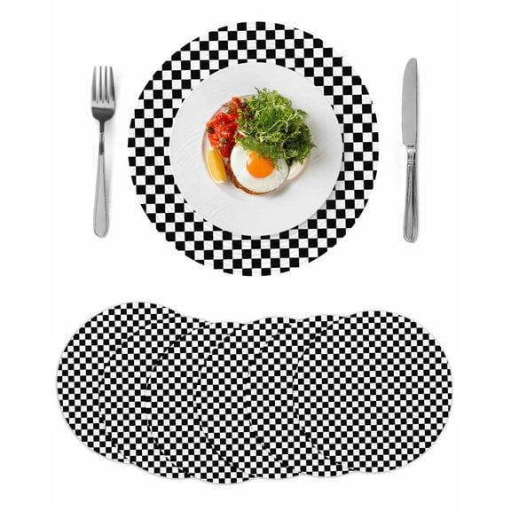 Black White Plaid Round 15 Inch Placemats Set of 6, Modern Buffalo Check Gingham Art HeatResistant Non Slip Place Mats for Dining Table, Wipeable Braided Kitchen Table Mats for Housewarming