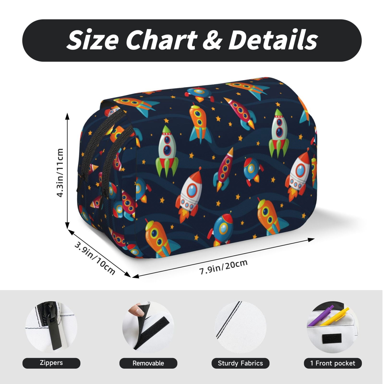 Rateoe Spaceships and Stars Pattern Double Clamshell Pen Case, Storage Organizer with Two Zipper Compartments– Holds Up to 50 Pencils & Pens