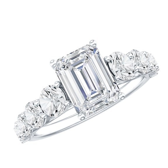 Rosec Jewels Moissanite Emerald Cut Solitaire Engagement Ring with Side Stones (6X8mm, 2 Ct) - D-VS1 Grade Certified Moissanite Ring, 925 Sterling Silver, US 4.00