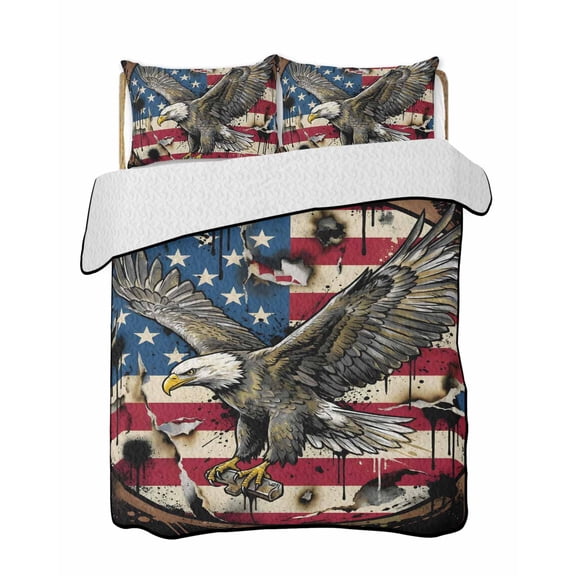 Quilt King Size Bedding Set, Retro Eagle USA Flag Reversible Summer Quilt 3 Pieces, Independence Day American Flag Lightweight Bedspreads Coverlets with 2 Pillow Shams for All Seasons