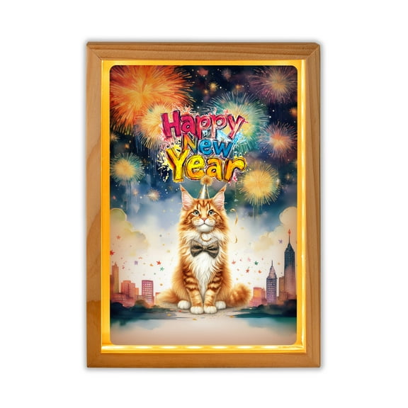 Happy New Year with Maine Coon Fireworks Holiday Xmas Winter 2025 Acrylic Plaque with Wood Photo Frame Box Cat Lover Kitten Owner Gifts Light Box - 00025