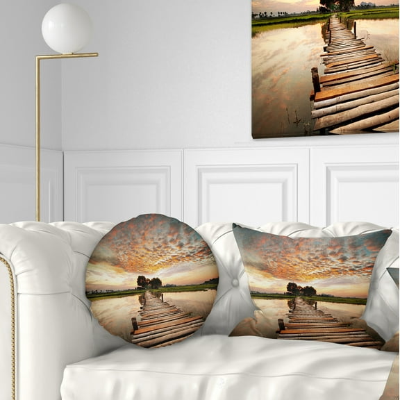Designart Makeshift Wooden Pier Over River - Sea Bridge Throw Pillow - 12x20